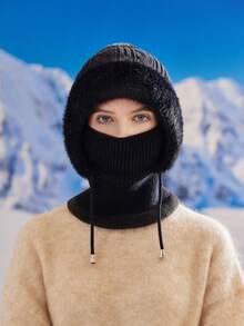 1 Pair Women's Knitted Mask Scarf Set, Autumn/Winter Warm Thermal Lined Earflap Hat Neck Gaiter