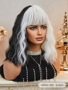 14 Inch Black White Synthetic Curly Bob Wig - Flattering Bangs, Versatile Wavy Texture, Heat Resistant - Chic Bob Style Wig For Fashionistas, Ideal Daily Wear, Halloween - Multicolor - View 4