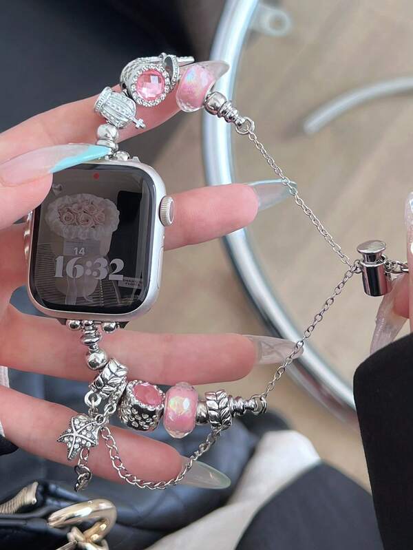 Apple Watch Band For Women, Pink Beaded Pearl Pendant Heart Bling Bling Bracelet Strap For Apple Watch Ultra 3/2/1 SE Series S11/S10/S9/S8/S7/S6/S5/S4/S3/S2/S1, Fashionable, Youthful, Noble, Elegant Gift For Girlfriend, 38mm/40mm/41mm/42mm/44mm/45mm/46mm/49mm Women Smart Watch Accessories