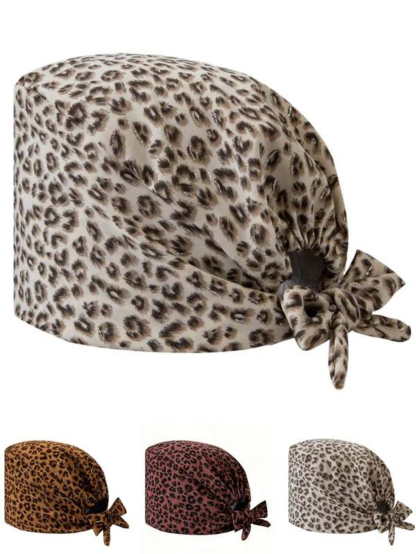 1pc Women's Premium Polyester-Cotton Material Rhinestone Leopard Print Drawstring Design Nurse Cap/Hat, Elastic Back, Suitable For Doctors, Nurses, And All Hospital, Beauty Salon, Veterinary Clinic Workers