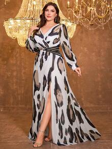 SUPGIR [Random Cut] Plus Women's Leopard V-Neck Long Sleeve Slit Slim-Fitting Patchwork Chiffon Narrow Maxi Ball Gown Evening Dress - Brown - View 1