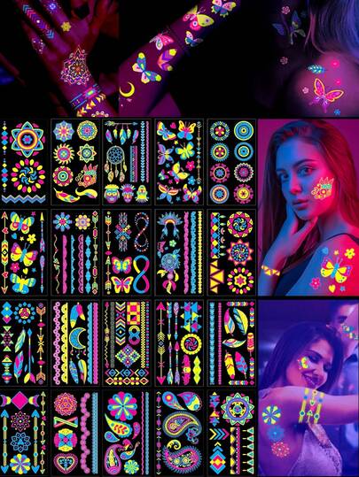 20 ورقة وشم مؤقت، إكسسوارات حفلات نيون فلورسنت، 20 ورقة وشم مؤقت نيون فوق البنفسجي لديكور حفلات الأعياد والمناسبات