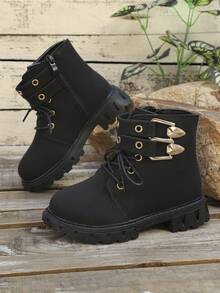 1 双靴子，橡胶软底，增高，舒适内衬，金色双扣装饰，易穿脱系带拉链设计，柔软 PU 圆头，适合 3-15 岁男孩和女孩，户外徒步露营，2025 年秋冬新款