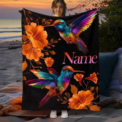 1 Piece Custom Name Blanket, Hummingbird Personalized Portable Blanket, Lightweight Flannel Blanket, Suitable For Sofa, Bed, Travel, Camping, Living Room, Office, Sofa, Chair & Bed-Digital Printing Soft Warm Flannel Fabric Blanket