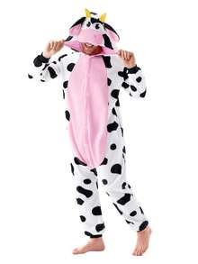 Joyfy Unisex Adult Cow Halloween Costume Pajama Plush Jumpsuit One Piece Cow Animal Costume, Hooded Jumpsuit Costume For Themed Cosplay Party - 彩色 - 查看 4