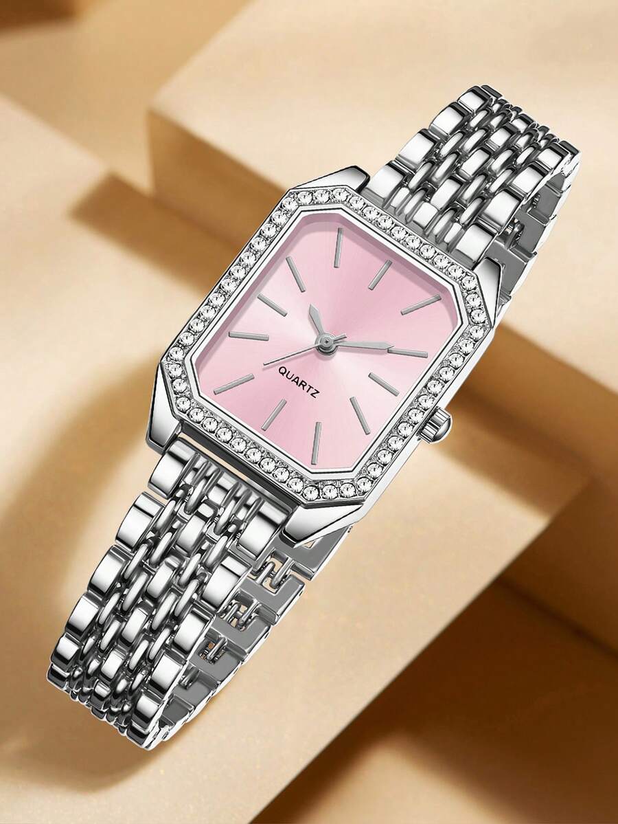 1pc Women's Silver Strap Fashion Casual Classic Square Simple Bar Scale Dial Quartz Watch For Daily Wear Or Traditional Festival Gifts - Pink - View 1