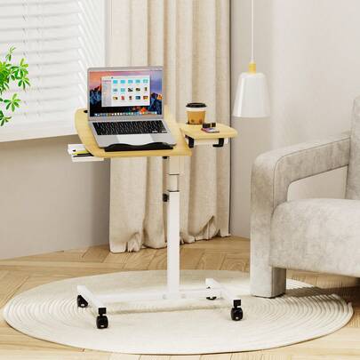 Table d'ordinateur réglable en hauteur sur roulettes, table roulante pour ordinateur portable, table de chevet avec plateau pour souris, bureau assis-debout avec avec tiroir pour canapé, 58-89cm, blanc/noir/couleur bois/couleur rétro