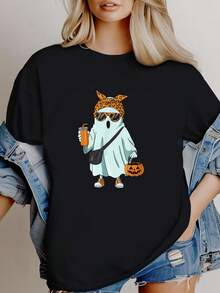 Women T-Shirt Print Halloween Ghost Coffee Cute Ghost Drinking Coffee Leopard T-Shirt Versatile Unisex Stretched Streetwear Comfortable Breathable Slightly Female Top For Everyday Wear Graphic Casual Designer Clothes Women Fashion Stylish Women Top Graphic Tees