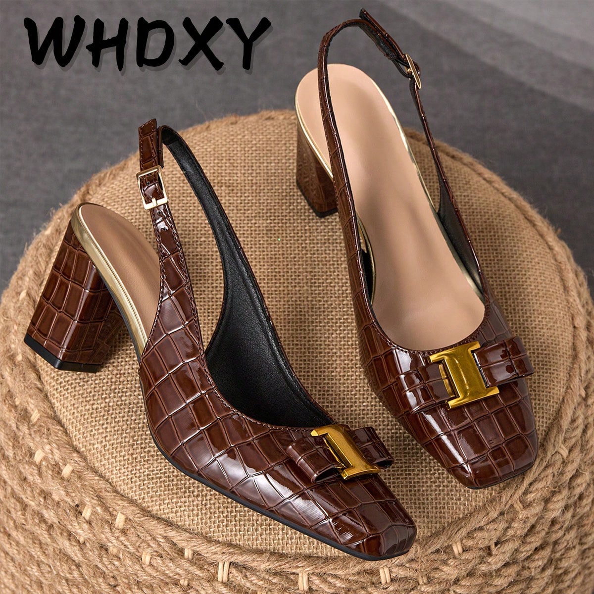 Par de zapatos de tacón alto con puntera cuadrada y hebilla, estilo preppy, sin talón, sexy de 7 cm de tacón grueso, para dama de oficina, azafata,