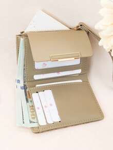 Ví nữ ngắn phối màu tương phản, ví đựng thẻ đa năng họa tiết da báo thời trang, ví đựng tiền xu có khóa cài thanh lịch dành cho học sinh trẻ, dung tích lớn, nhẹ nhàng, tiện lợi mang theo, thích hợp làm quà tặng ngày lễ. - Màu be - Xem 3