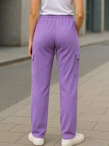 Pantalón Cargo Mujer de Pana con Cintura Elástica y Bolsillos Laterales - Lila Púrpura - Ver 2