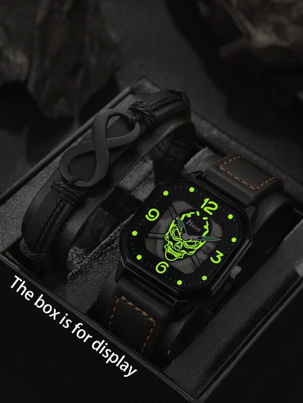2 pièces Ensemble de montres à quartz mode et décontractées pour hommes avec bracelet, cadeau parfait pour Halloween, Thanksgiving, la rentrée, Noël, anniversaire et autres occasions
