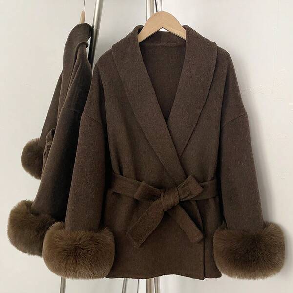 OFTBUY Solid Color Long Sleeve Loose Waist Belt Faux Fur Patchwork Wool Blend Jacket, Casual Street Style For Autumn/Winter & Holidays