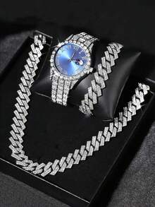 3pcs Fashionable Hip Hop Quartz Watch Set With  Chain Bracelet And Necklace - Sparkling Rhinestones, Classic Design, Suitable For Men And Women To Wear And Gift Recommendation - A - View 2