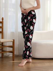 Sanrio 1 Peça Calça de Pijama Flanelada Térmica Fofa e Quente com Estampa Fofa da Hello Kitty para Mulheres, Confortável e Folgada, Adequada para Outono/Inverno