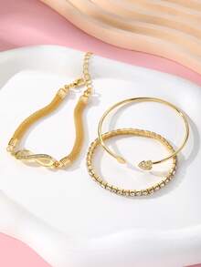 3pcs Luxury Minimalist Personalized Metal Rhinestone 8-Shaped & Heart Stacking Bangle Bracelet Set For Women - Yellow Gold - View 6