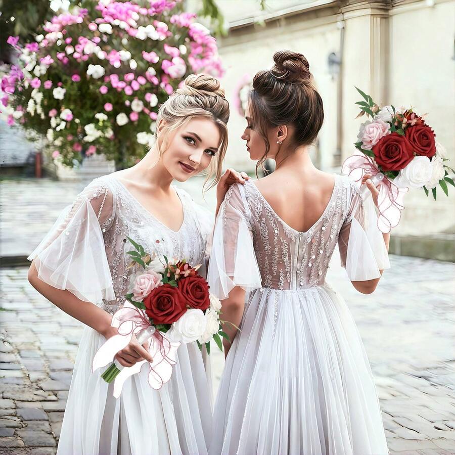 1 Bouquet Wedding Bouquets For Bride Bridesmaid Artificial Roses Flowers Bridal Bouquet For Rustic French Vintage Formal Wedding Home Decoration 11.41in,Party Birthday,Valentine'S Day,Mother'S Day Gift - 酒紅色 - 查看 1