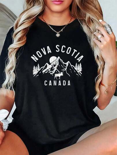 Nova Scotia Canada Souvenir Vintage Mountains Moose T-Shirt - 100% Cotton Spring/Autumn Maple Leaf Thanksgiving Halloween Short-Sleeved Round-Neck Shirt