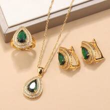 18K Gold Plated Elegant Minimalist Water Drop Jewelry Set, Includes Earrings, Necklace Pendant, Adjustable Ring, Synthetic Cubic Zirconia, Bridal Wedding Fashion Accessories, Suitable For Daily Wear, Christmas, Halloween, Thanksgiving, Valentine's Day, Anniversary