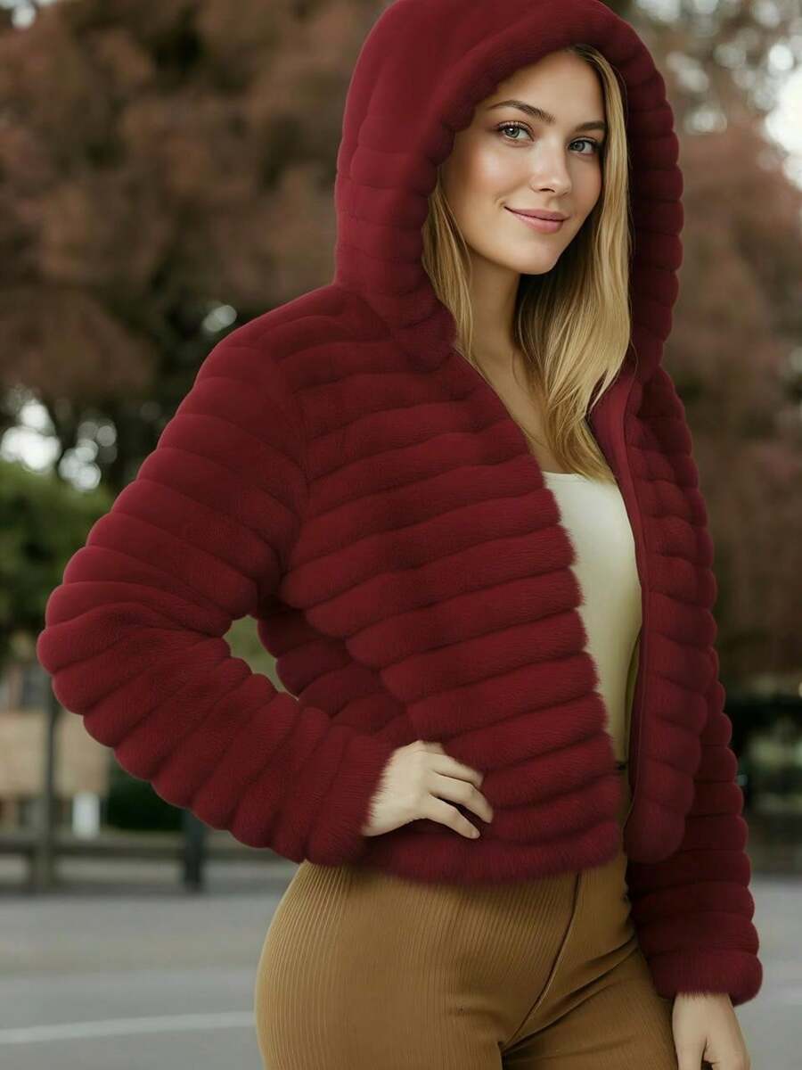 Abrigo de Peluche Suave con Capucha y de Abertura Frontal para mujer, manga larga, largo regular, forro cálido, diseño texturizado y cálido ideal para Otoño/Invierno - Rojo - Ver 1