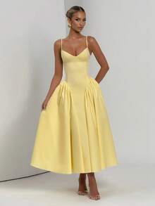 Đầm dự tiệc buộc dây kiểu retro thanh lịch, đầm cocktail hai dây, đầm dự tiệc và đầm trà cưới mùa xuân - Màu vàng - Xem 3