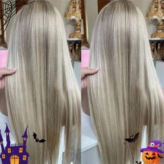 女士高光灰金色米色直发假发，无胶真人发质，180 密度，22 英寸，双层渐变色，Omber 发质，13x4 透明蕾丝前假发，预拔婴儿发，万圣节服装