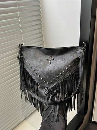 Fashion Vintage Leather Crossbody Bag, Boho Style Shoulder Bag, Tassel Rivet Cross Decor Square Purse Casual Messenger Bag For Travel & Every Day, Portable Business Work Satchel Sling Bags Hobo Fringe Crossbody Purse Small Handbag