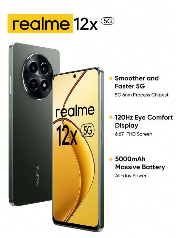 Realme 12X 5G Unlocked Cellphone 4GB+128GB Global Version, 5G LTE, Andriod 14 Smartphone, 50MP AI Camera, 120Hz Display Mobile Phone With Fast Speed Dimensity 6100+ 5G Chipset