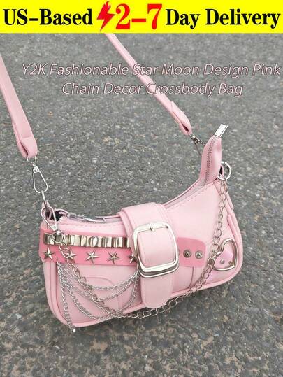 [US-Based Shipping]Y2K Fashionable Multi-Functional Star & Moon Design Unique Pink Chain Decor Crossbody Bag, Ladies Baguette Bag, Niche Design, Steampunk, Gothic, Ladies Bag, Cool Girl Streetwear, Music Festival, Party, Ladies Rock Style Bag Suitable For Girls'' Street Style, Celebrity Same Style Printed Female Shoulder Bag, Y2k Bag, Gothic Punk Bag For Women, 2000s Fashion Style Bag For Women, Halloween Purse Perfect For Fancy Party Halloween Fashion & Gothic Fashion,Cute Y2K Purse,Perfect For Girls' Street Style,Stars Hollow Women Bag,2000s Fashion Style,Chain Shoulder Bag Lightweight Zipper PU Leather Handbag Cute Purses,Versatile Handbag For Women, Perfect For Daily Use, Parties & Travel,Purses And Bags Women Tote Bag Red Purse Bags For Women Crossbody Bags For Women Pink Purse Beach Bag Bolsos Para Mujer Carteras Para Mujer Tote Bags For Women Purses For Women Handbags For Women Wallet