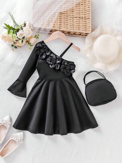 Vestido floral branco elegante de um ombro só para meninas + bolsa, com decoração floral 3D e detalhes em pérolas, mangas largas, elegante para festas, chá da tarde, ensaios fotográficos de moda, adequado para primavera, outono e inverno