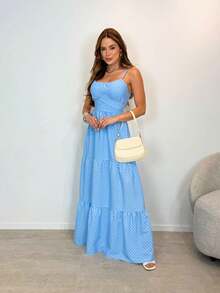 Vestido Longo Elegante Confortável em Crepinho Estampa Bolinha com Bojo Forrado Alças Finas Amarração Costas com Elastex TAMANHO: ÚNICO VESTE ATÉ 40