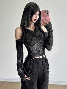 Top Dazzle Streetwear 女士纯色性感露肩长袖 T 恤 - 黑色 - 查看 1