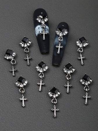 10 件装方形钻石十字架吊坠指甲饰品合金美甲用品 DIY 银粉色红色黑色美甲珠宝美甲宝石适用于水晶指甲、日常和节日美甲装饰