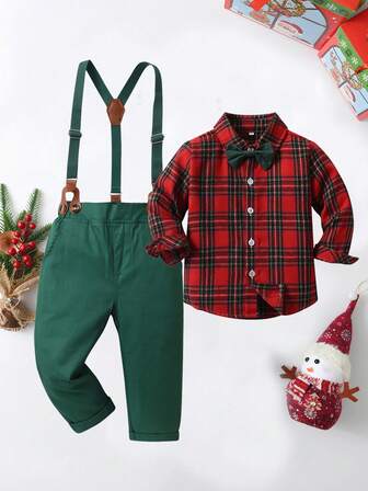 BOARNSEORL 2pcs Young Boys Gentleman Outfit, Includes Plaid Collared Shirt With Bow Tie And Green Suspender Pants, Fashionable And Stylish For Birthday, Christmas Party, Wedding, Banquet