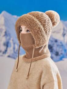 1 Pair Women's Knitted Mask Scarf Set, Autumn/Winter Warm Thermal Lined Earflap Hat Neck Gaiter