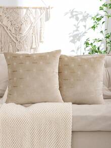 Jacquard Velvet Geometric Pattern Throw Pillow Case, Decorative For Living Room & Bedroom - Beige - View 9