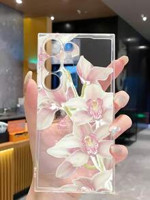 1 pieza Hermosa funda protectora de teléfono transparente con flor rosa antideslizante y antigolpes compatible con iPhone, Honor, Redmi, Galaxy - transparente - Ver 5