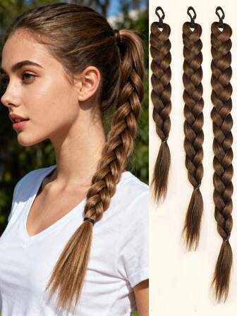 1 st/2 st långa flätade hästsvans syntetiska hårförlängningar, kvinnors hästsvans med pannband syntetiska fibrer, olika längder, lämplig för jul, dagligt festhår