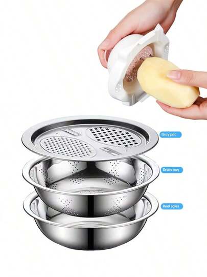 3 PiecesStainless Steel Kitchen Set With Integrated Grater, Multi-Functional Strainer & Drainable Prep Bowl – Hybrid Bowl For Washing/Cutting Fruits, Vegetables & Cheese