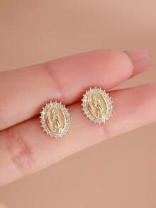 1 Pair Classic Vintage Style Virgin Mary Sparkling Cubic Zirconia Stud Earrings, Gold Plated, Suitable For Women's Engagement/Wedding Decoration, Casual Daily Wear
