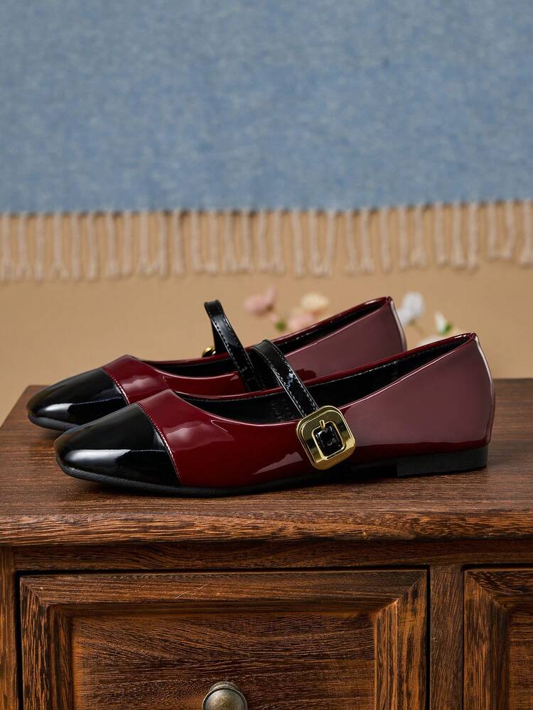 Women's Fashion Square Toe Slip-On Shoes, Black Patchwork With Contrasting Burgundy Color, Versatile For Office, Casual, Outdoor, Spring/Summer, High-Quality Flat Mary Jane Shoes For Party, Wedding, Red - Burgundy - View 4