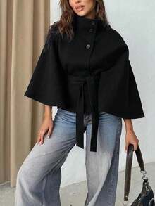 Women's Solid Color Front Button Tie Waist Woolen Cloak, Casual & Date Wear, Autumn/Winter Overcoat