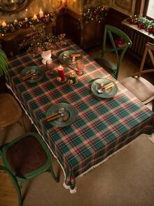 1 件复古美式乡村风格绿色格子编织桌布，带流苏设计，厚实耐用，适合厨房、日常使用、节日、家庭聚会、圣诞派对、婚礼、餐桌装饰 - 綠色 - 查看 3