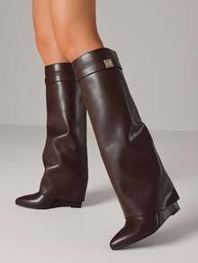 Fashion Women Knee High Boots Metal Pointed Toe Chunky Heels Fold Over Luxury Punk Goth Design Cool Women Fold Over Shoes - 棕色 - 查看 3