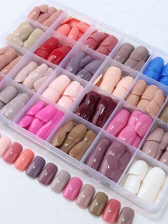 720 piezas/set Puntas de uñas francesas de forma almendrada corta con colores degradados nude y blanco lechoso. Uñas postizas, uñas falsas con 1 bloque de pulido de uñas y 1 gel de gelatina para uñas cortas