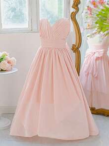 Tween Girls Ruffle V-Neck Bridesmaid Wedding Party Flower Girl Pageant Birthday Prom Graduation Formal Dress - Pink - View 4