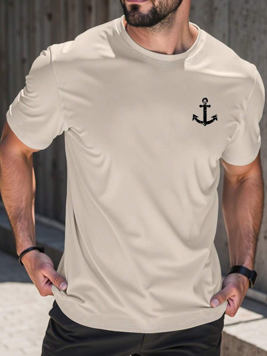 Camiseta casual manga corta cuello redondo gráfico ancla para hombres camiseta gráfica beige verano diseño premium comodidad y estilo en una prenda esencial para el guardarropa masculino994 - Beis - Ver 1