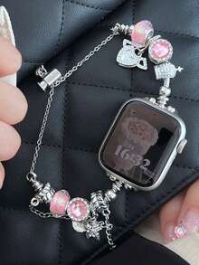 Apple Watch Band For Women, Pink Beaded Pearl Pendant Heart Bling Bling Bracelet Strap For Apple Watch Ultra 3/2/1 SE Series S11/S10/S9/S8/S7/S6/S5/S4/S3/S2/S1, Fashionable, Youthful, Noble, Elegant Gift For Girlfriend, 38mm/40mm/41mm/42mm/44mm/45mm/46mm/49mm Women Smart Watch Accessories