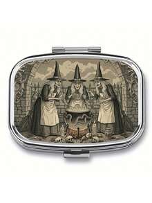 Hộp đựng thuốc 2 ngăn xách tay, hộp đựng vitamin bằng kim loại trang trí, quà tặng Halloween (hình phù thủy, bí ngô, mèo) - Nhiều màu - Xem 30