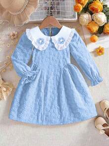 Sunny & Vibrant Girls' Dress, Floral Applique Peter Pan Collar Loose Solid Color Dress, Suitable For Casual, Party, Daily Wear - 藍色 - 查看 3